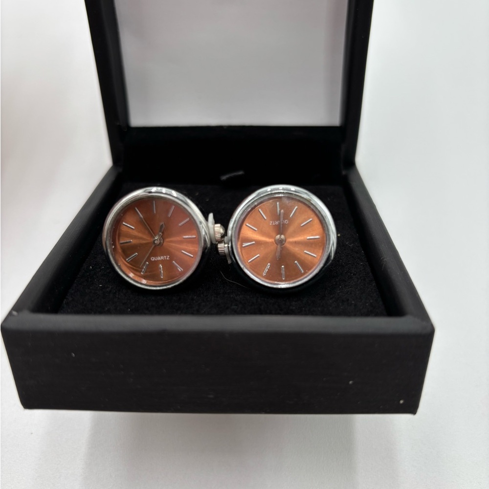 Men's Watch Face Cufflinks Brown Dial Quartz Style Silver Tone Gift‎ Boxed